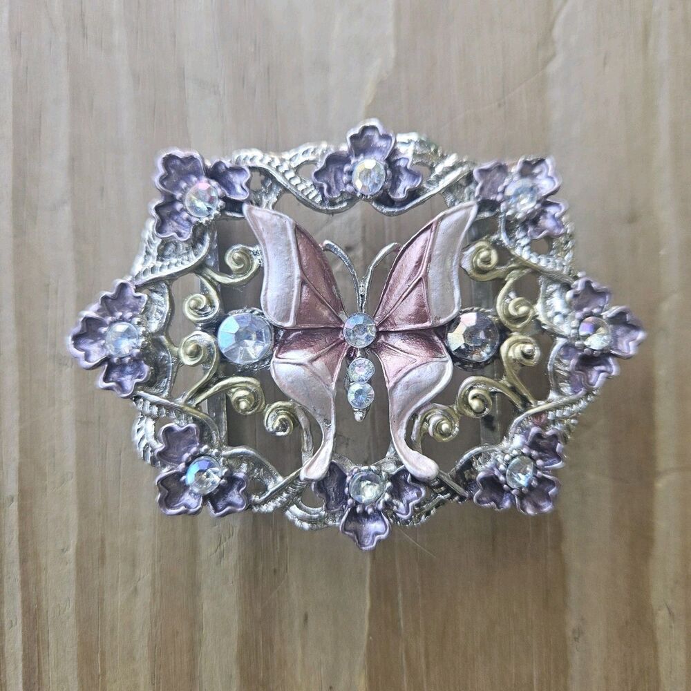 Vintage Wrights Enameled Butterfly Belt Slide Buckle Jeweled Floral Late 90s Y2K